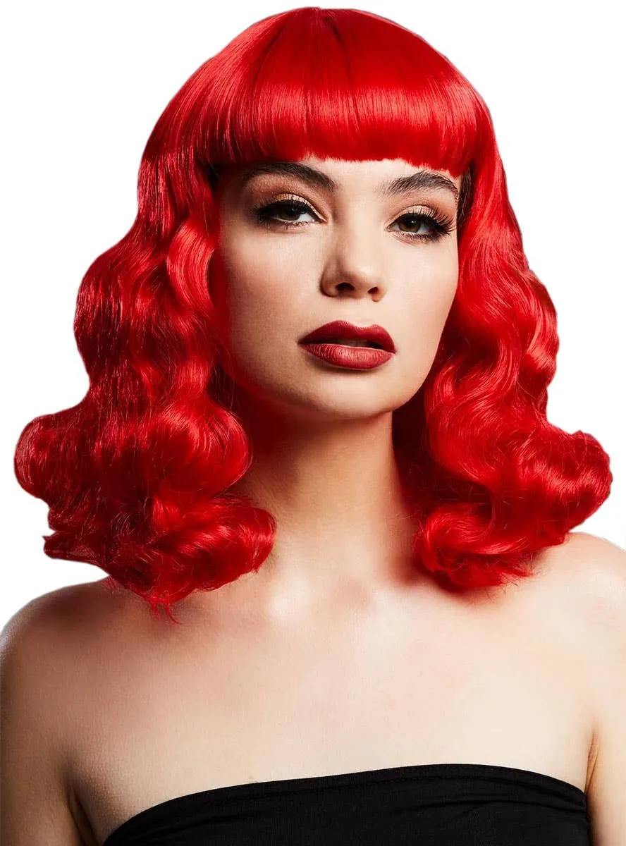 Heat Resistant Short Bright Red Bettie Womens Costume Wig with Fringe