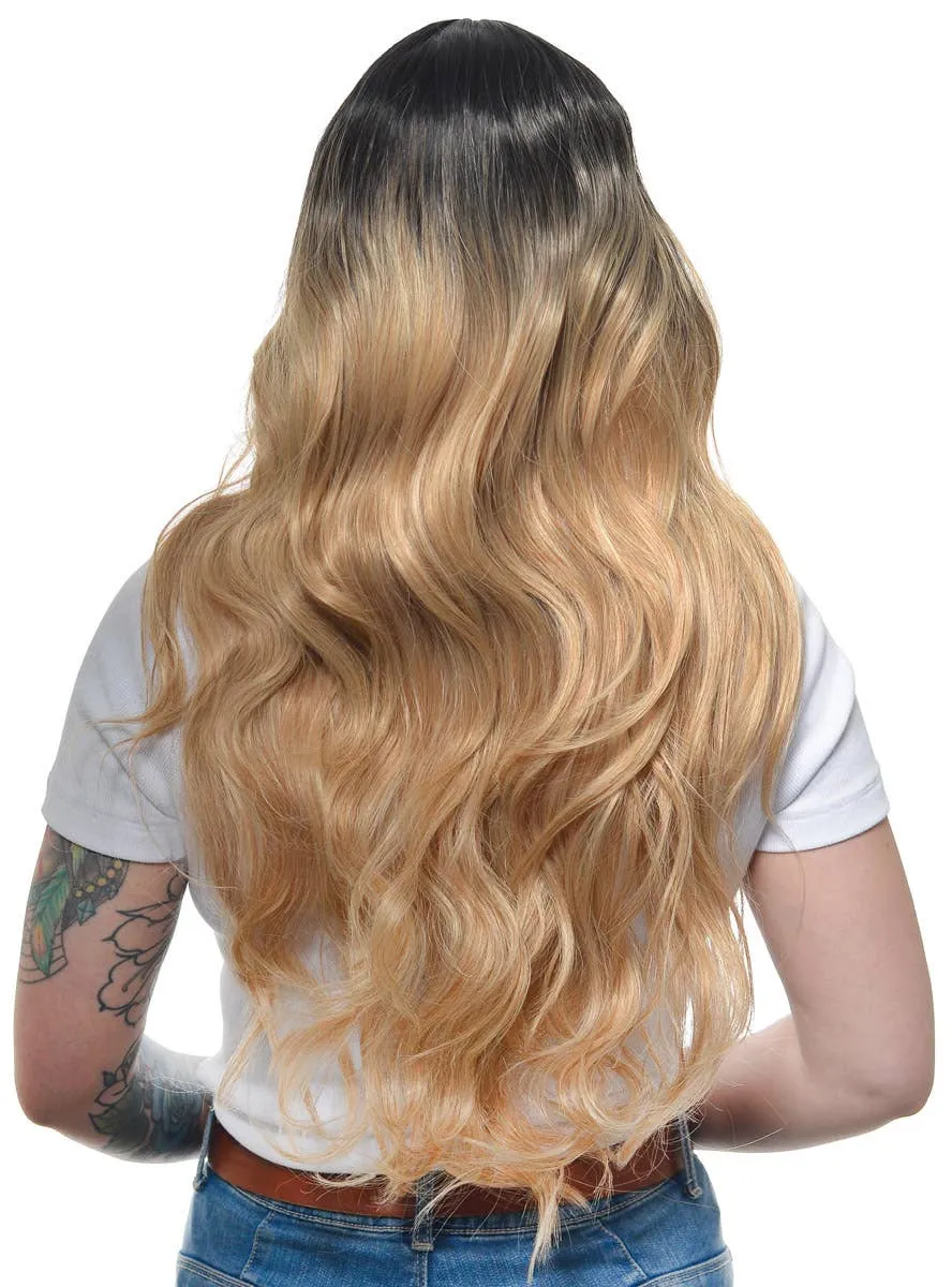 Honey Blonde Rooted Womens Lace Part Wavy Fashion Wig