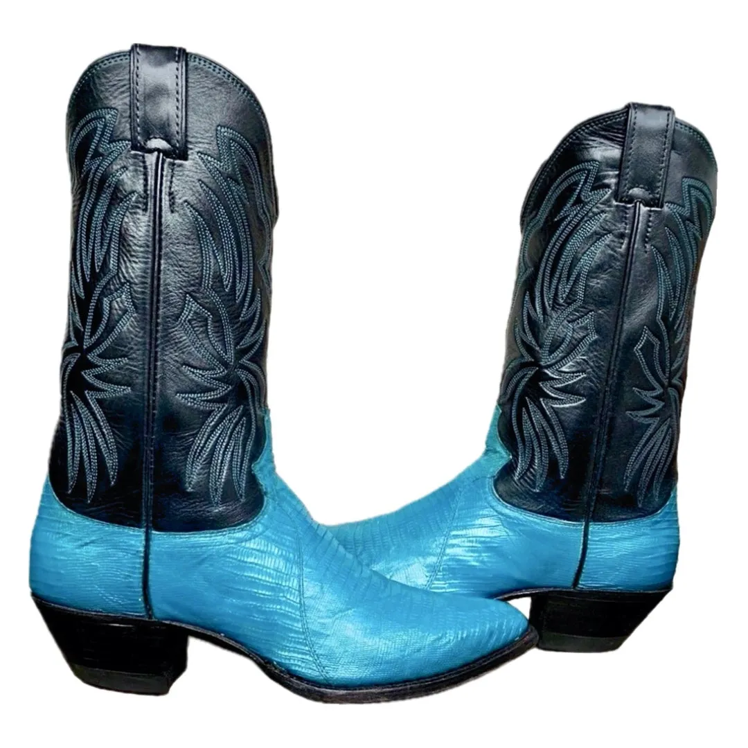 JUSTIN BOOTS Vintage Turquoise Blue Lizard Black Cowboy Boots