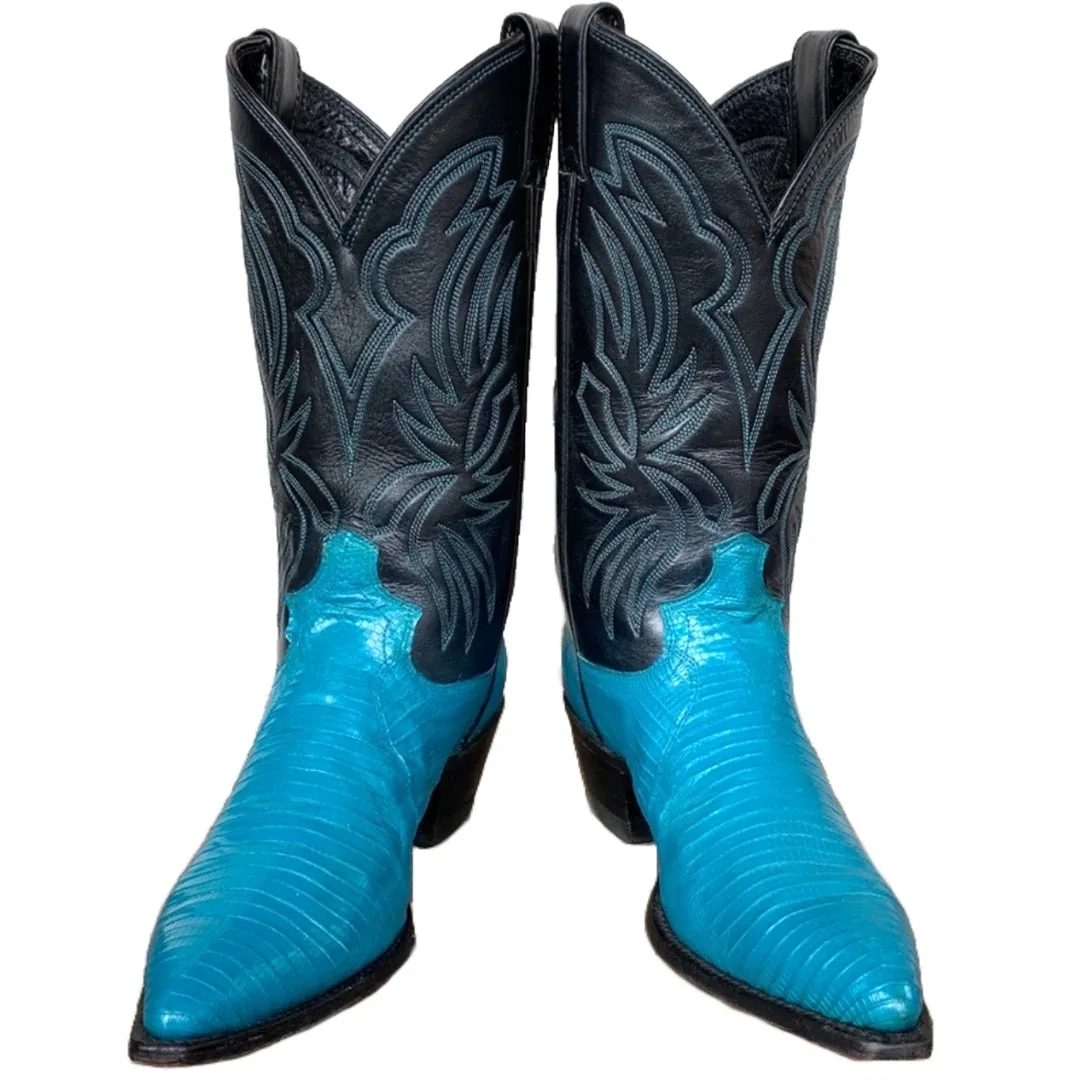 JUSTIN BOOTS Vintage Turquoise Blue Lizard Black Cowboy Boots