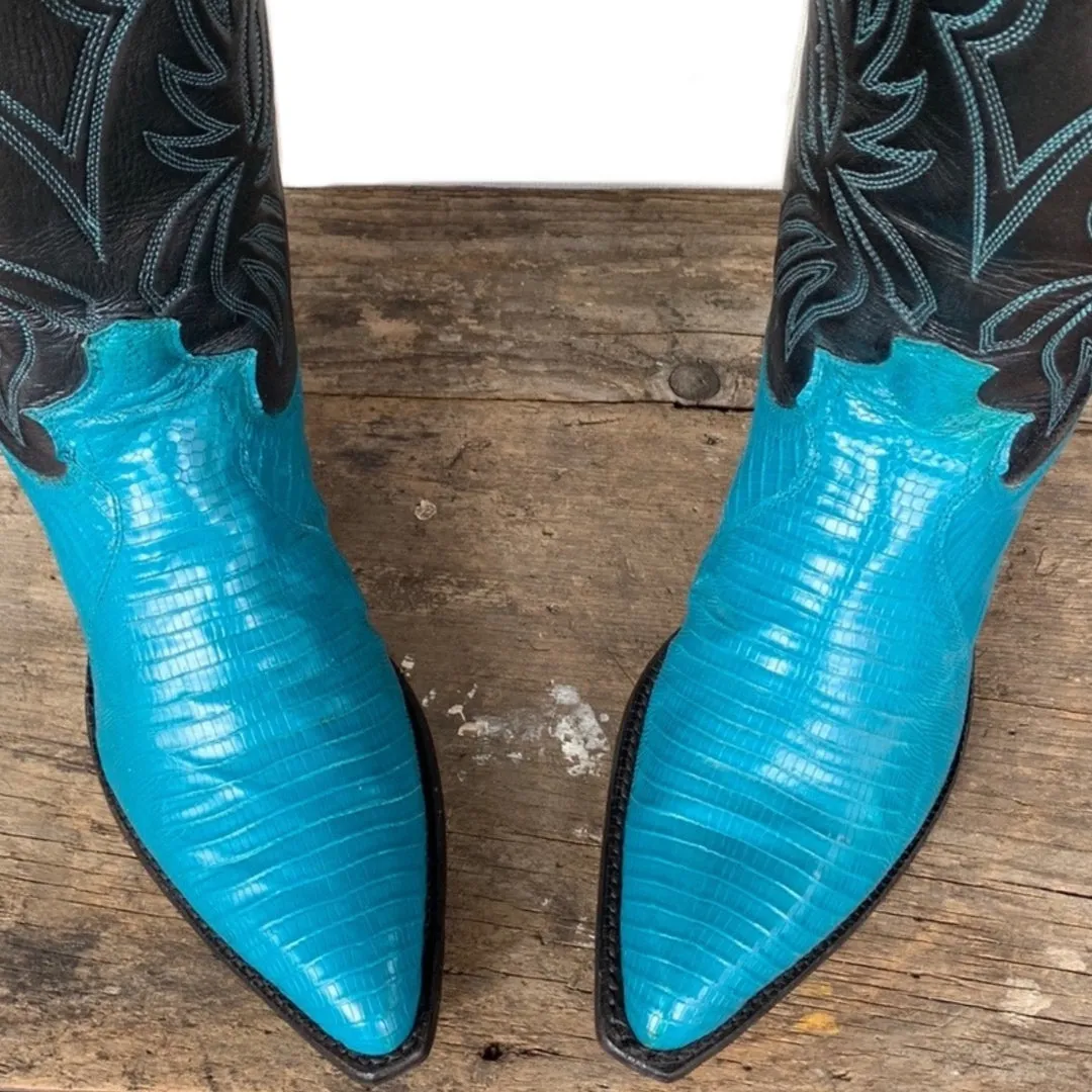 JUSTIN BOOTS Vintage Turquoise Blue Lizard Black Cowboy Boots
