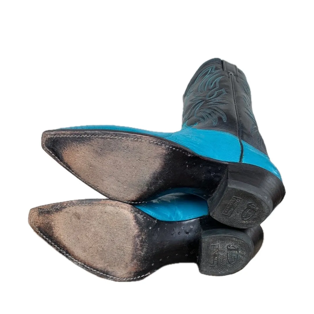 JUSTIN BOOTS Vintage Turquoise Blue Lizard Black Cowboy Boots