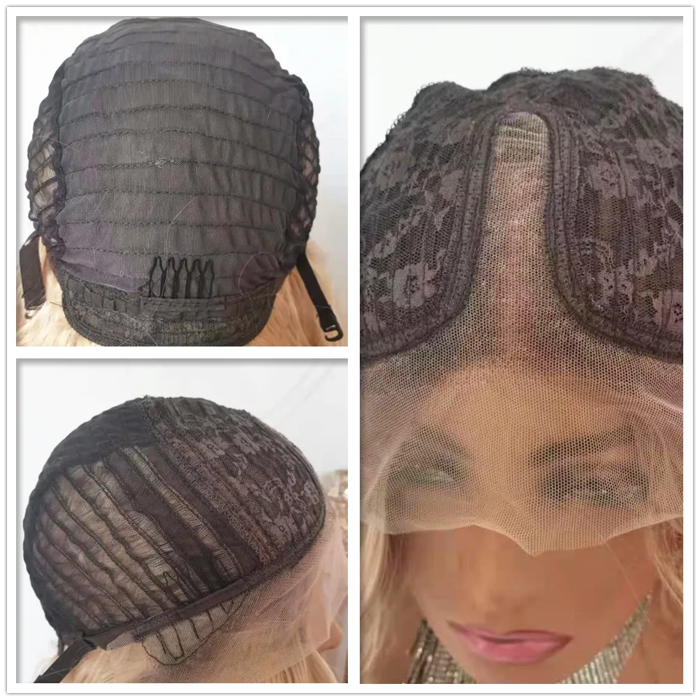 Lace wig Ombre Blonde Wave Synthetic Wigs for T Part Lace Wigs Women 12Inch Pre Plucked Heat Resistant Fiber Daily Wigs