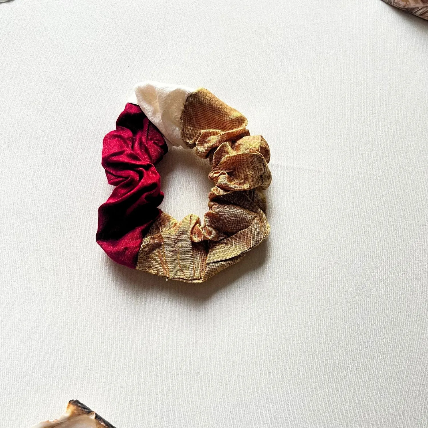 Linen Scrunchies | Soft Elastic Hair Band | Golden Maroon Beige | Set of 2