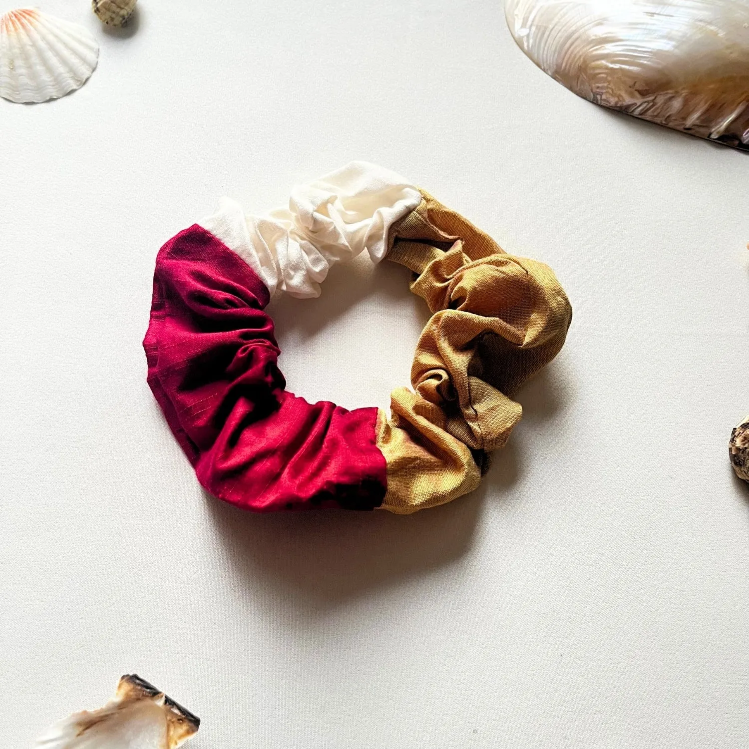 Linen Scrunchies | Soft Elastic Hair Band | Golden Maroon Beige | Set of 2