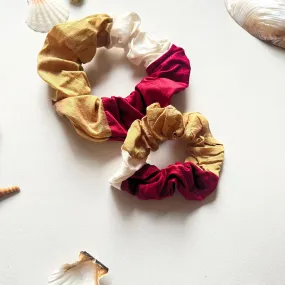 Linen Scrunchies | Soft Elastic Hair Band | Golden Maroon Beige | Set of 2