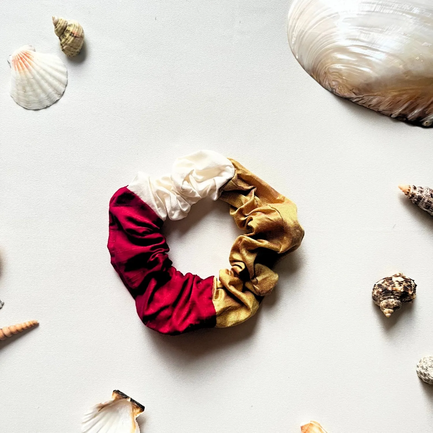 Linen Scrunchies | Soft Elastic Hair Band | Golden Maroon Beige | Set of 2