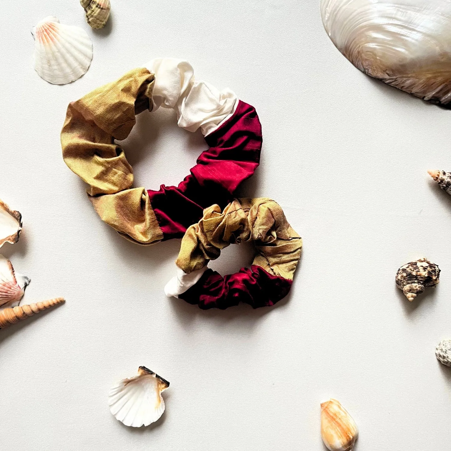 Linen Scrunchies | Soft Elastic Hair Band | Golden Maroon Beige | Set of 2