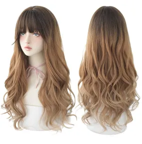 Omber Brown Black Natural Long Wave Wig For Girls 27 Inches Fashionable Realistic Daily Wear Wigs