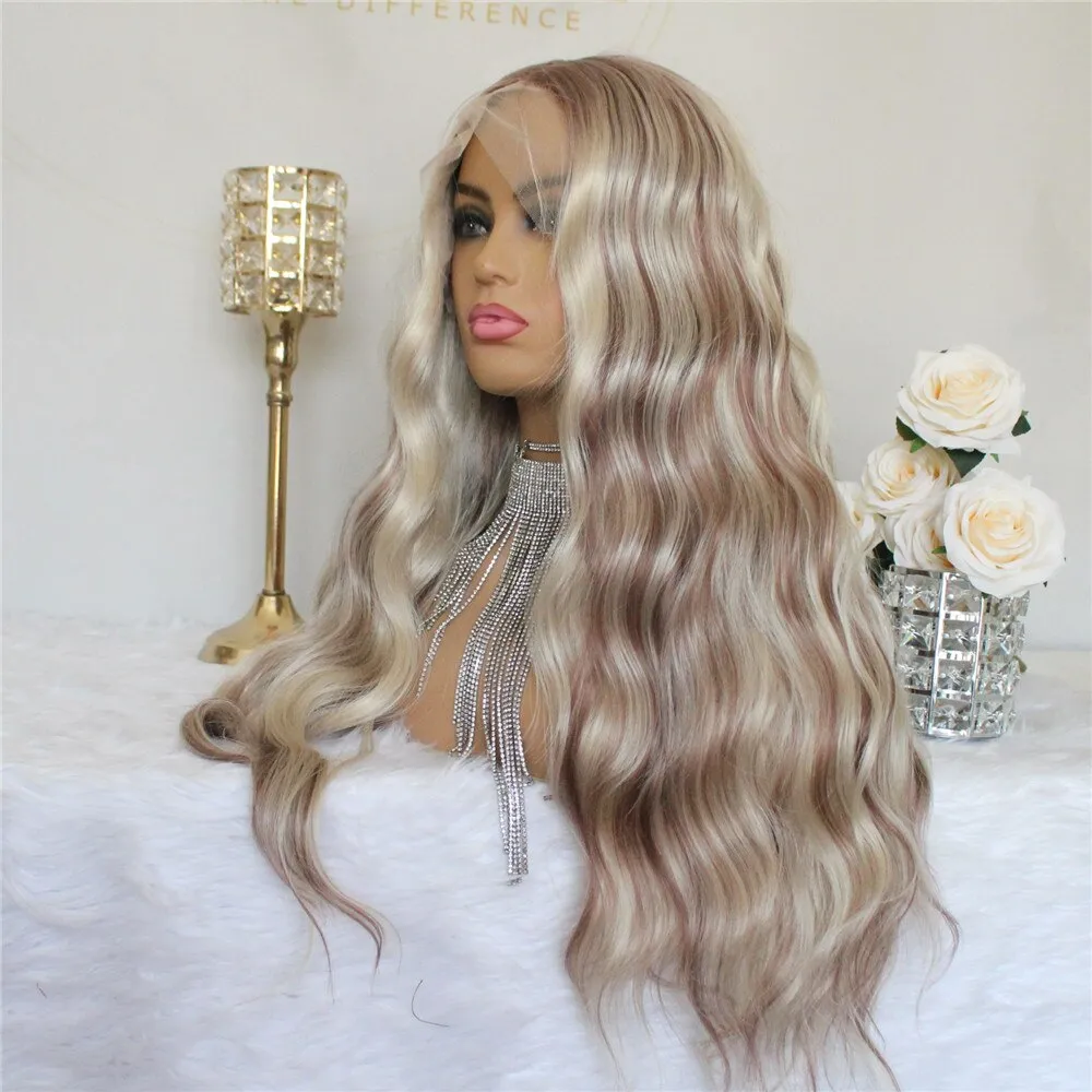 Ombre Blonde Lace Front Synthetic Wig Body Wave T Part Lace Front Wig Highlight Wig 22inch
