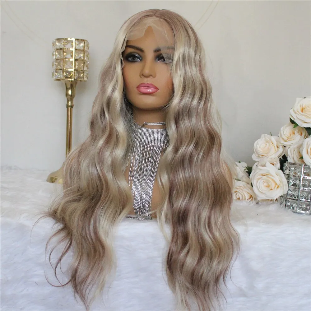 Ombre Blonde Lace Front Synthetic Wig Body Wave T Part Lace Front Wig Highlight Wig 22inch