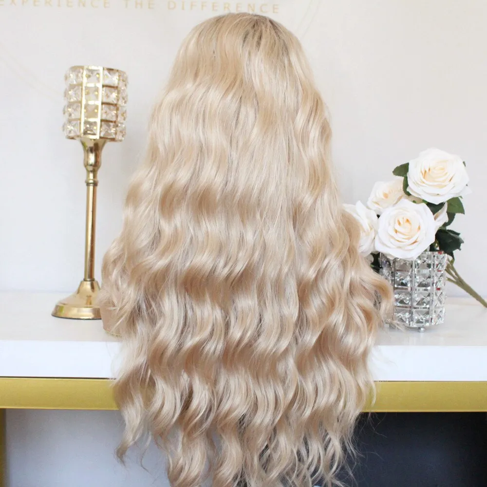 Ombre Blonde Natural Wave Synthetic Lace Wigs for Women 22inch Long Dark Roots Blonde Color Middle Part Heat Resistant Wigs
