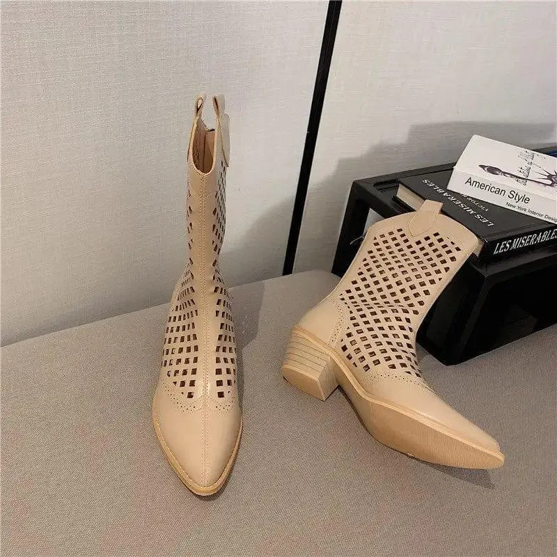 Pointed Western Cowboy Boots Women Thin Hollow Knight Thick Heel Net Boots Sandals