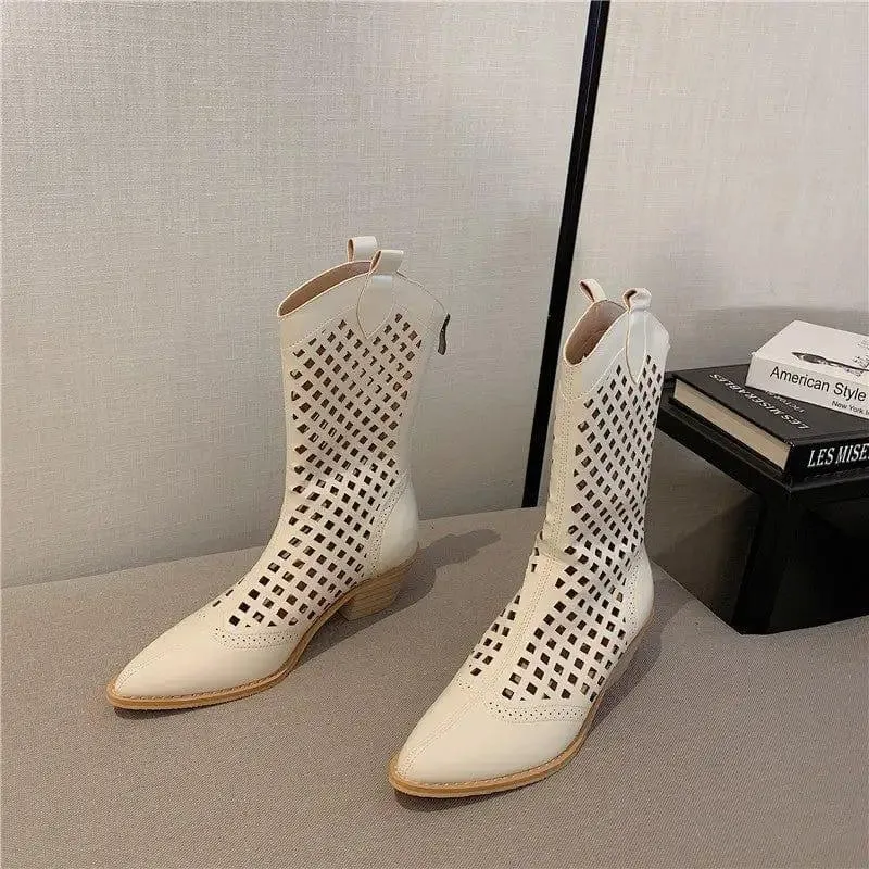 Pointed Western Cowboy Boots Women Thin Hollow Knight Thick Heel Net Boots Sandals