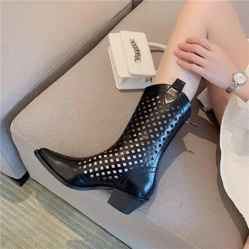 Pointed Western Cowboy Boots Women Thin Hollow Knight Thick Heel Net Boots Sandals
