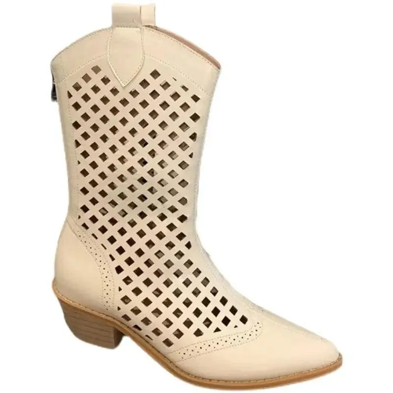 Pointed Western Cowboy Boots Women Thin Hollow Knight Thick Heel Net Boots Sandals