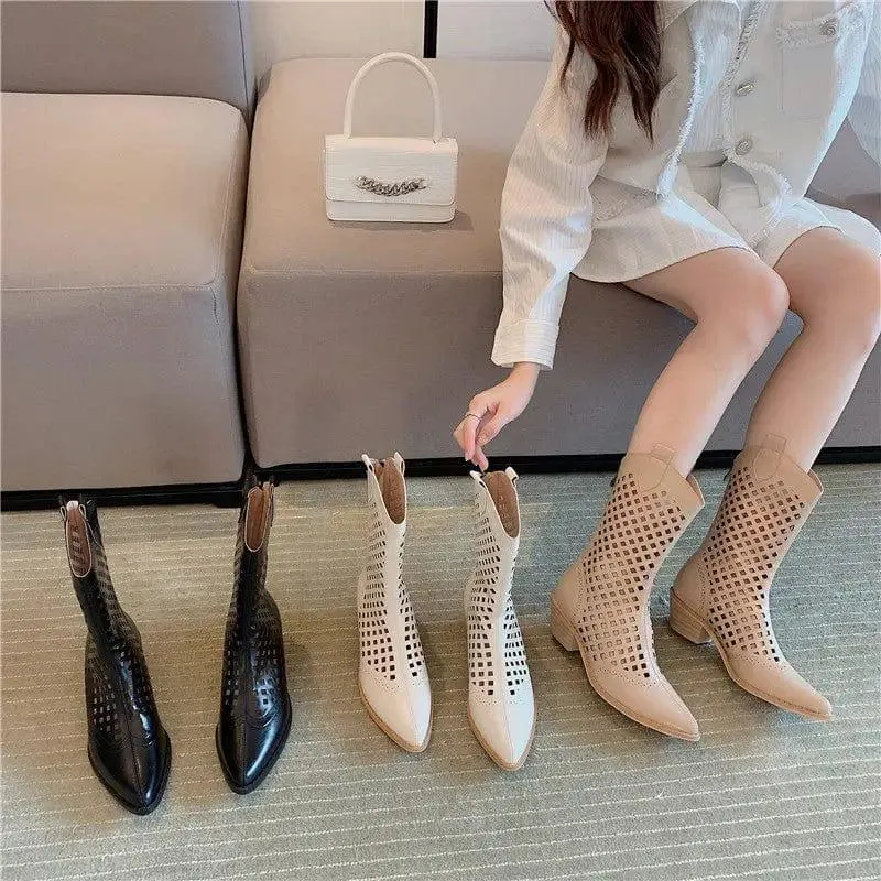 Pointed Western Cowboy Boots Women Thin Hollow Knight Thick Heel Net Boots Sandals