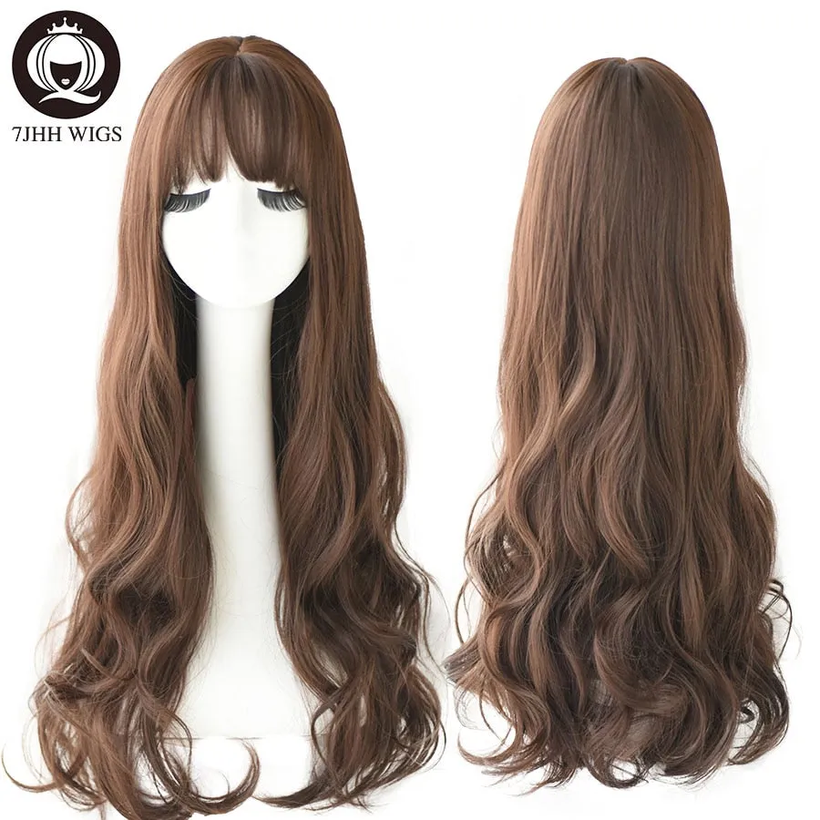 Popular Brown Ash Long Deep Wave Hair Lolita Wigs With Bangs Synthetic Wig For Women Fashion Thick Curls Wigs Girl
