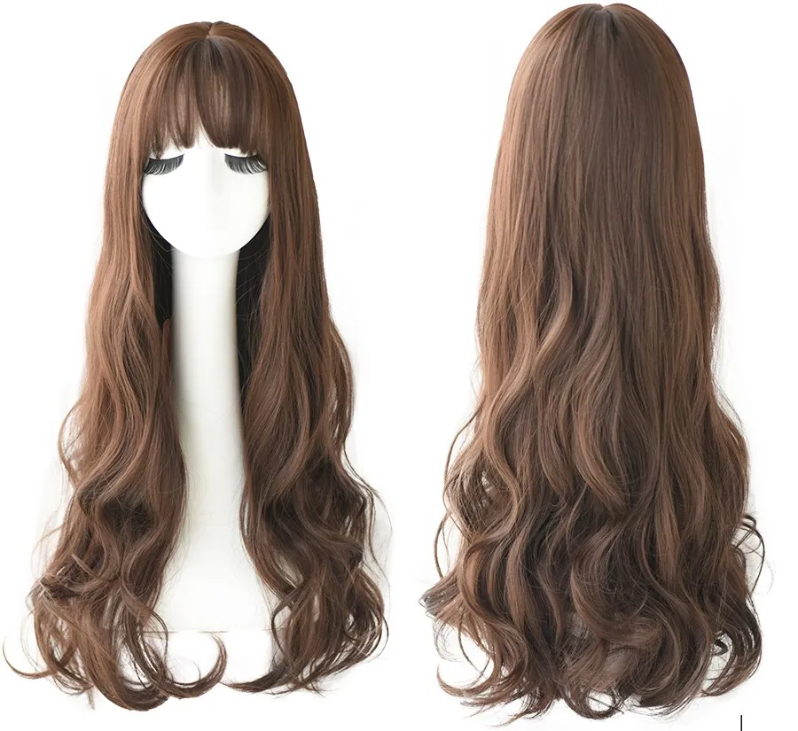 Popular Brown Ash Long Deep Wave Hair Lolita Wigs With Bangs Synthetic Wig For Women Fashion Thick Curls Wigs Girl