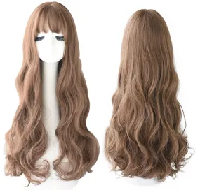 Popular Brown Ash Long Deep Wave Hair Lolita Wigs With Bangs Synthetic Wig For Women Fashion Thick Curls Wigs Girl