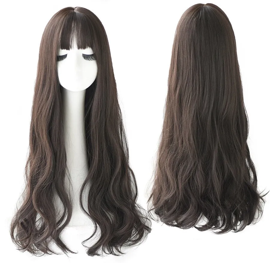 Popular Brown Ash Long Deep Wave Hair Lolita Wigs With Bangs Synthetic Wig For Women Fashion Thick Curls Wigs Girl
