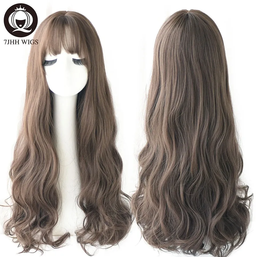 Popular Brown Ash Long Deep Wave Hair Lolita Wigs With Bangs Synthetic Wig For Women Fashion Thick Curls Wigs Girl