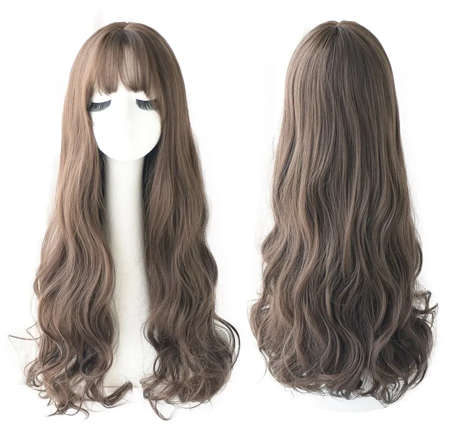 Popular Brown Ash Long Deep Wave Hair Lolita Wigs With Bangs Synthetic Wig For Women Fashion Thick Curls Wigs Girl