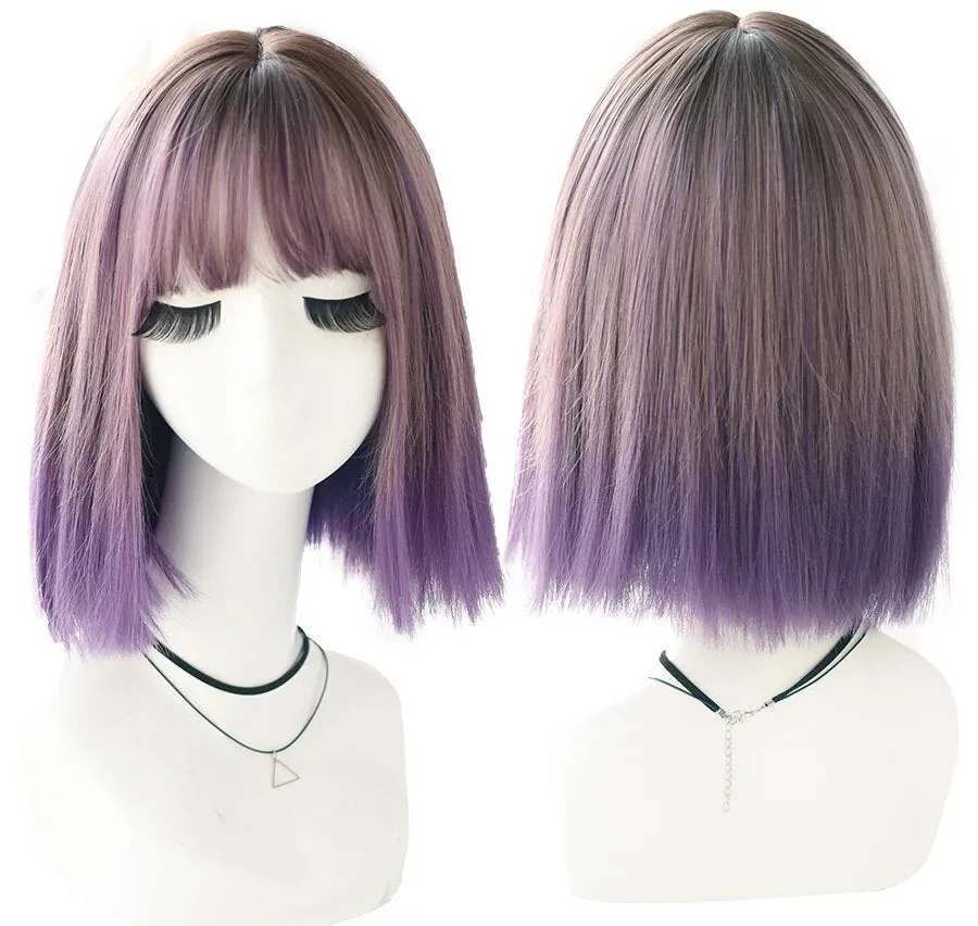 Purple & Green Straight Medium 18 Inch Synthetic Wig For Girls Fashion High Temperature Silk Daily Wear Wig