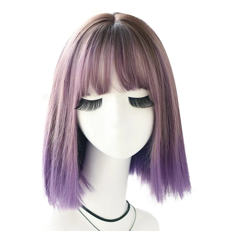 Purple & Green Straight Medium 18 Inch Synthetic Wig For Girls Fashion High Temperature Silk Daily Wear Wig