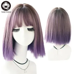 Purple & Green Straight Medium 18 Inch Synthetic Wig For Girls Fashion High Temperature Silk Daily Wear Wig