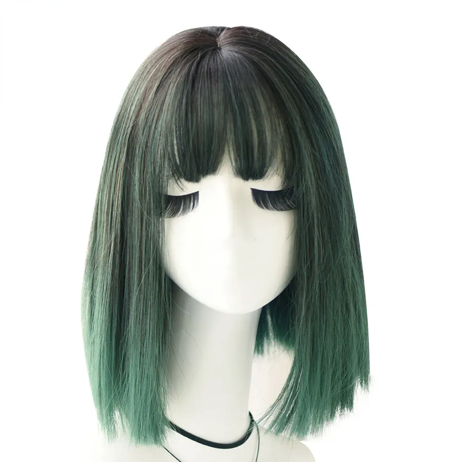 Purple & Green Straight Medium 18 Inch Synthetic Wig For Girls Fashion High Temperature Silk Daily Wear Wig