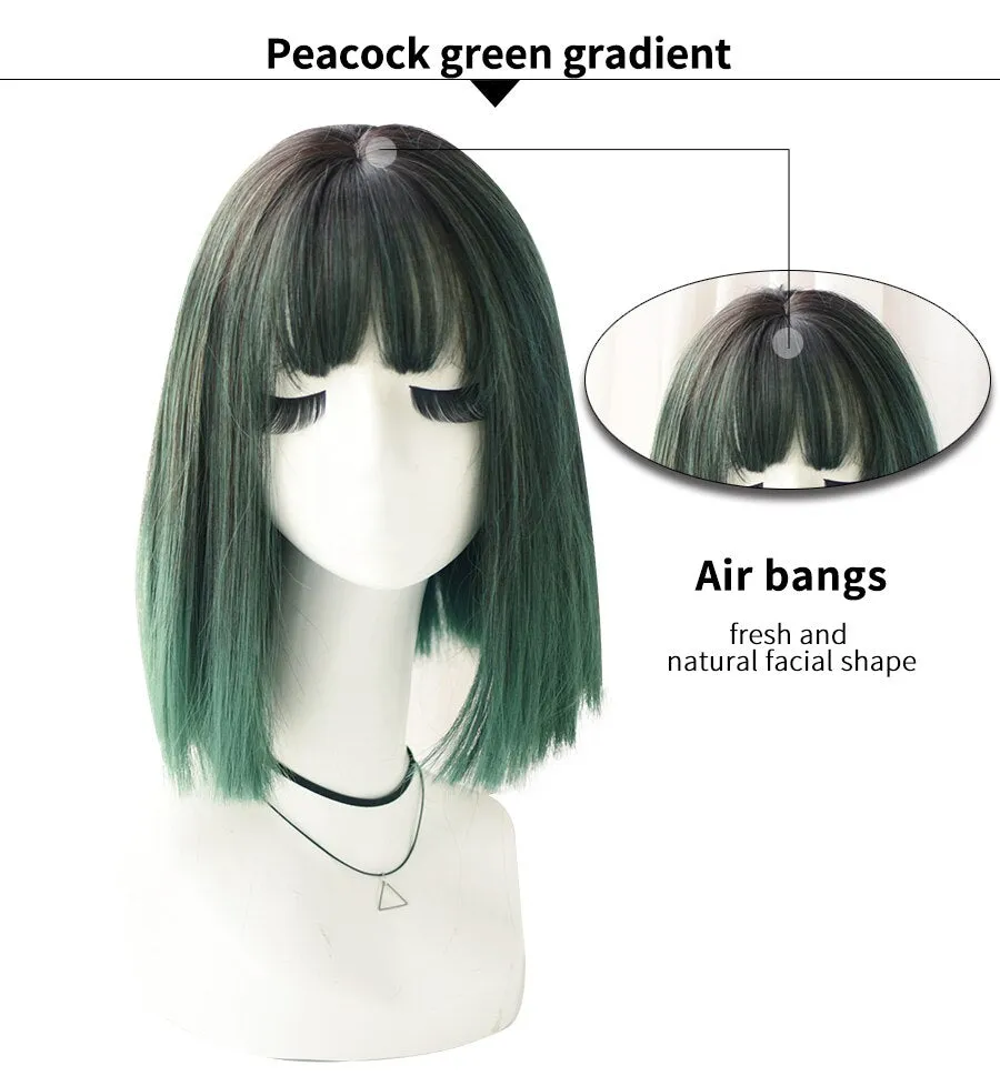 Purple & Green Straight Medium 18 Inch Synthetic Wig For Girls Fashion High Temperature Silk Daily Wear Wig