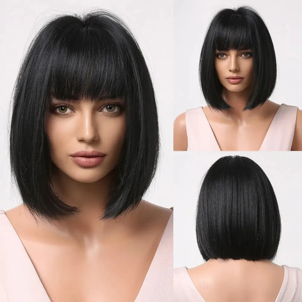 Short Wine Red Bob Wigs For Women - Burgundy Bob Wigs With Thick Bangs