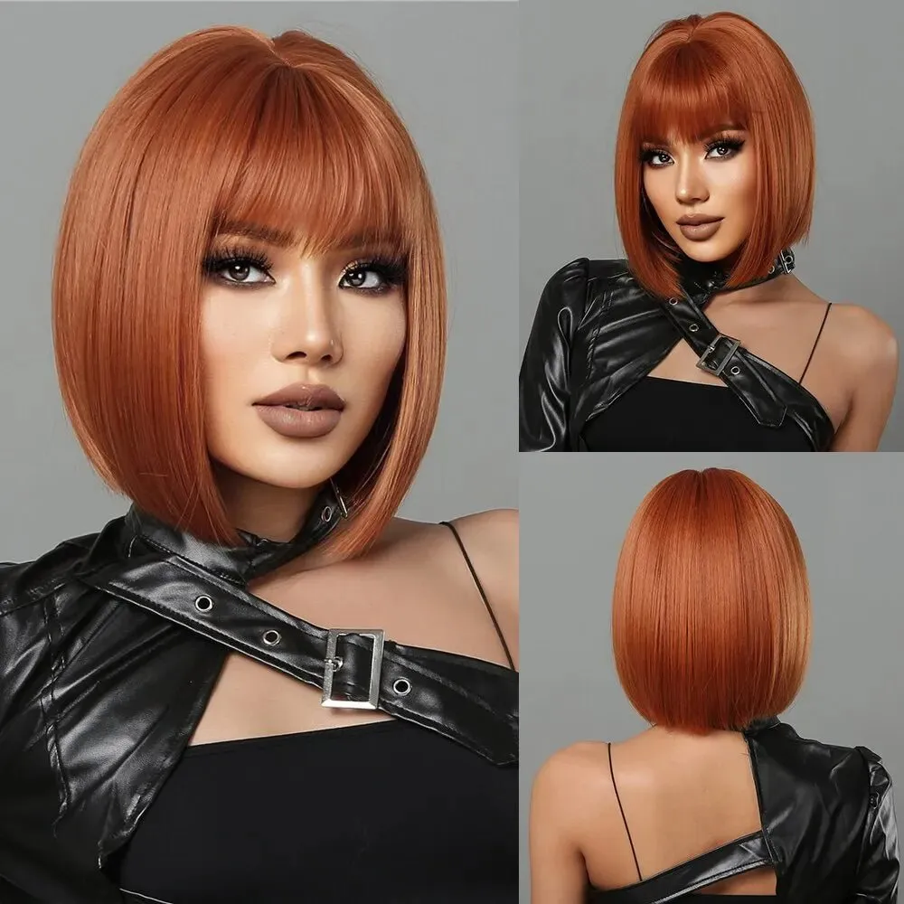 Short Wine Red Bob Wigs For Women - Burgundy Bob Wigs With Thick Bangs