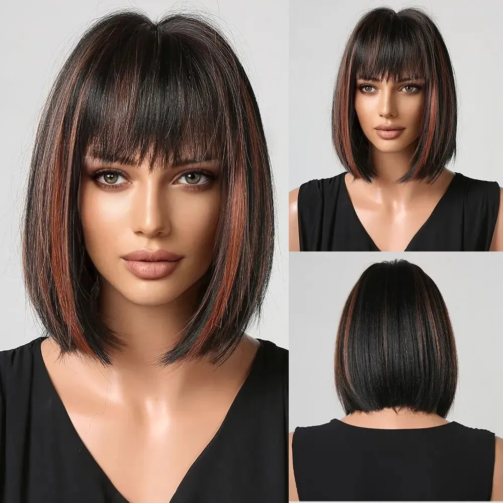 Short Wine Red Bob Wigs For Women - Burgundy Bob Wigs With Thick Bangs