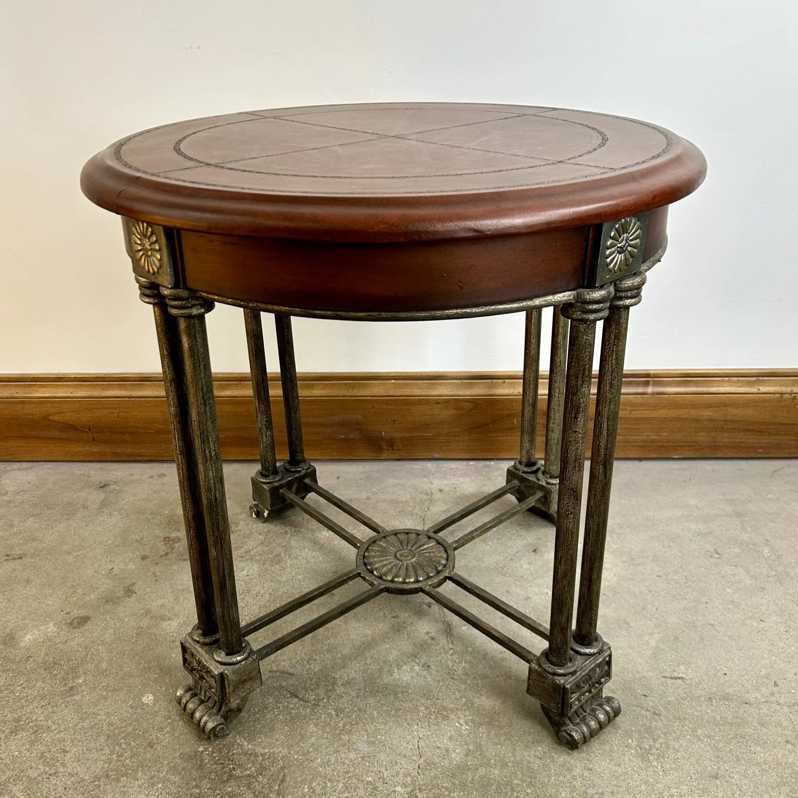Side Table Leather Top, Wood and Metal Frame
