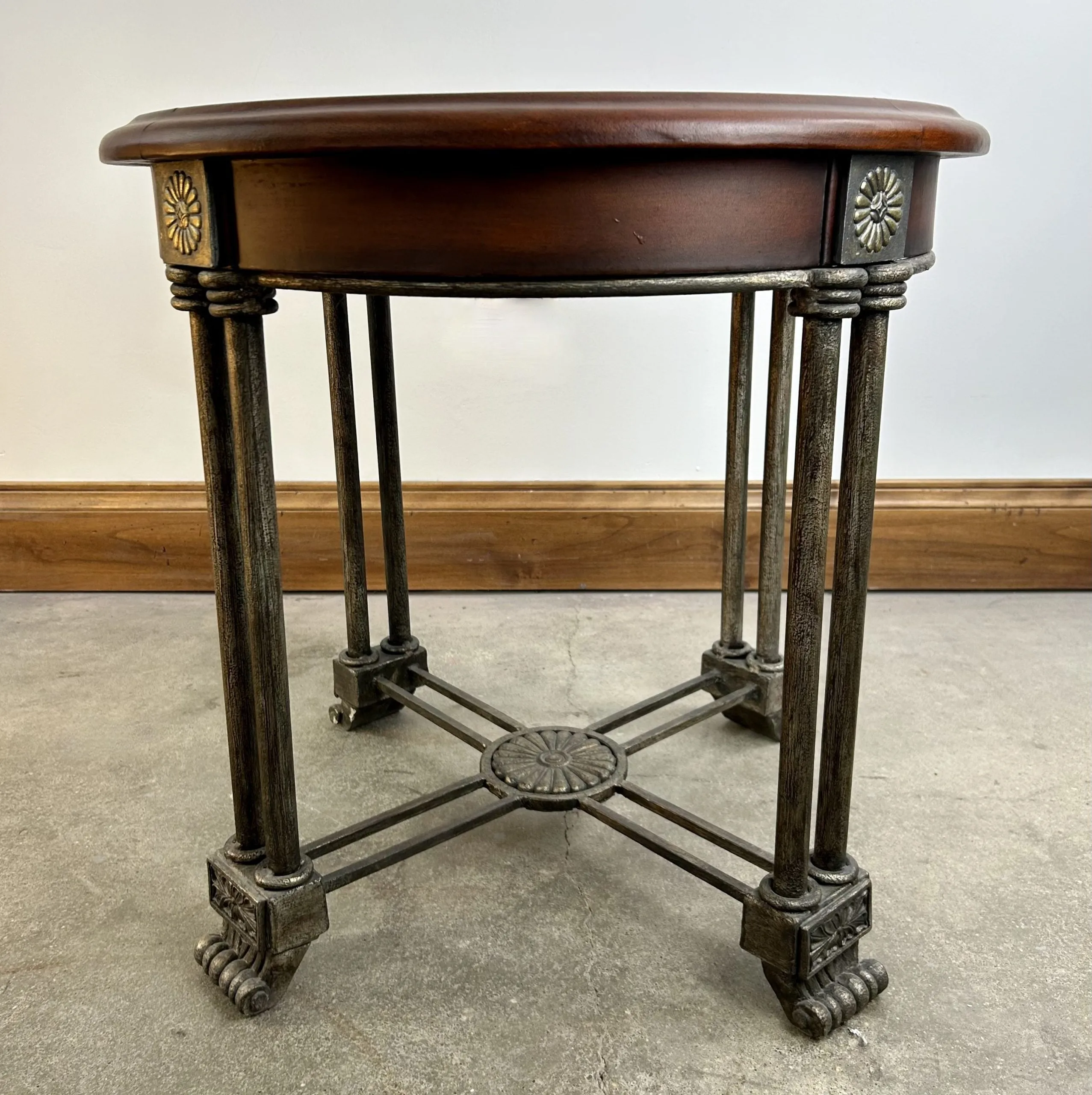 Side Table Leather Top, Wood and Metal Frame