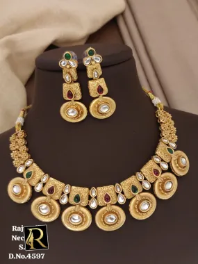 Women's Designer Brass High Gold Antique Golden & Kundan Rajwadi Necklace Set with Earrings