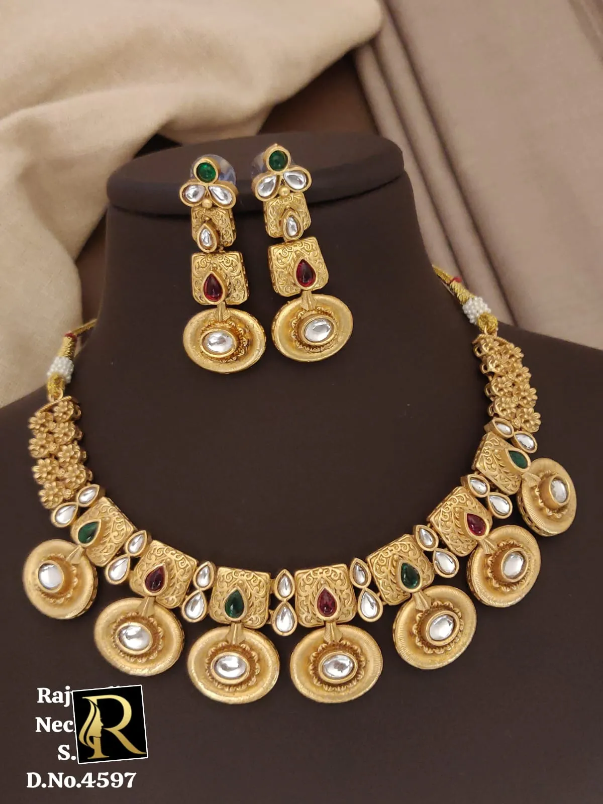 Women's Designer Brass High Gold Antique Golden & Kundan Rajwadi Necklace Set with Earrings