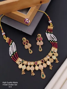 Women's Designer Brass High Gold Antique Mett Moti Choker Set with Earrings