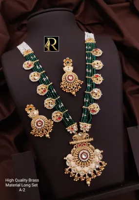 Women's Designer Brass High Gold Antique Rajwadi Long Crystal Necklace Set with Beautiful Earrings