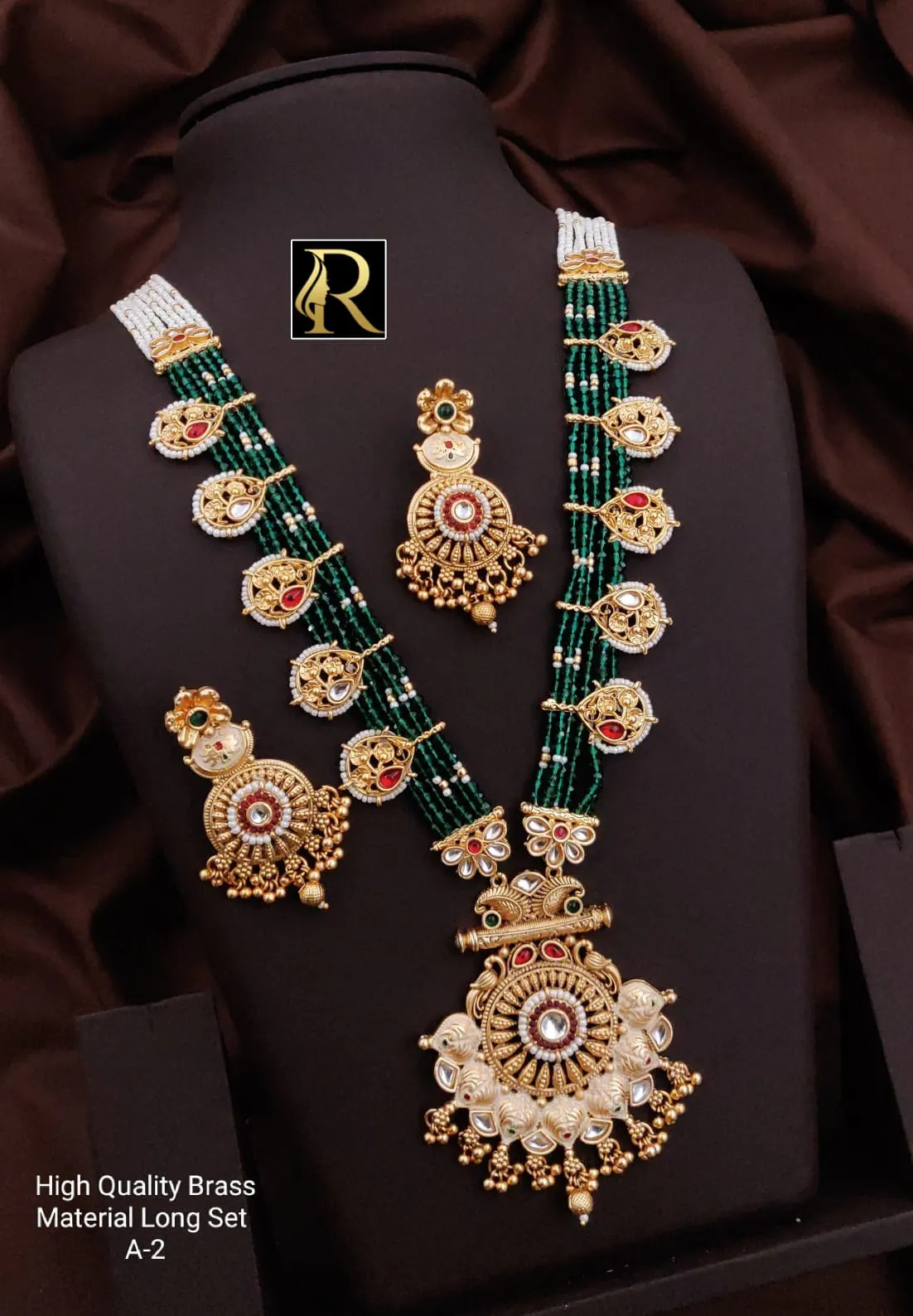 Women's Designer Brass High Gold Antique Rajwadi Long Crystal Necklace Set with Beautiful Earrings