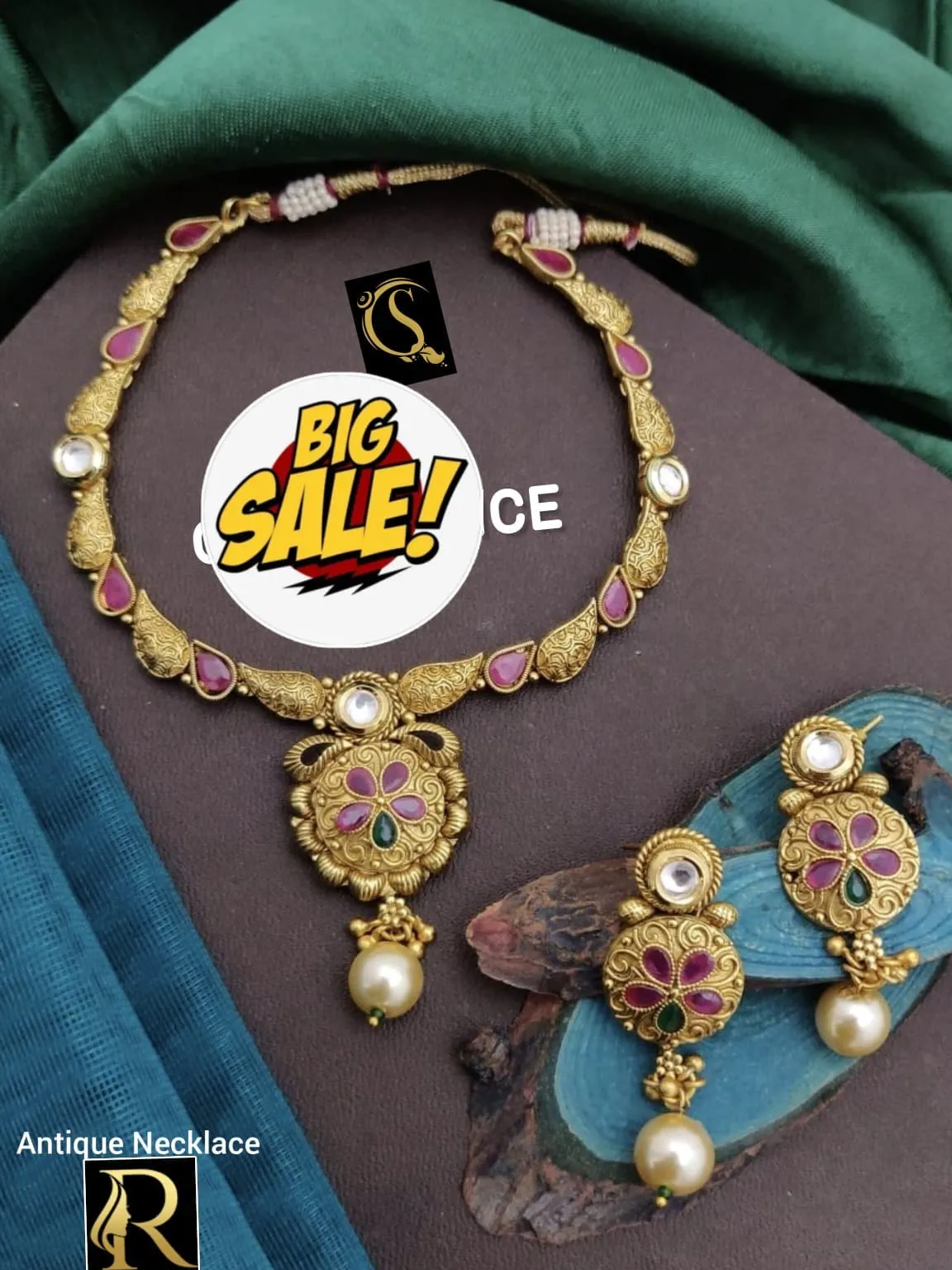 Women's Designer Brass High Gold Antique Rajwadi Stone Necklace