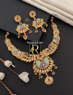 Women's Designer Brass High Gold Mett Antique Necklace Set with Beautiful Earrings