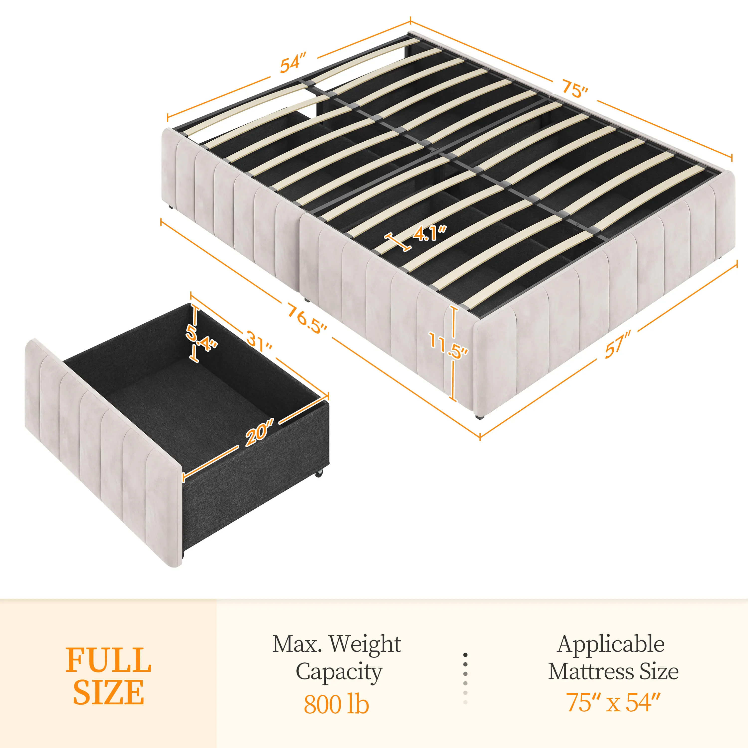 Yaheetech Bed Frame with 4 Storage Drawers, Beige