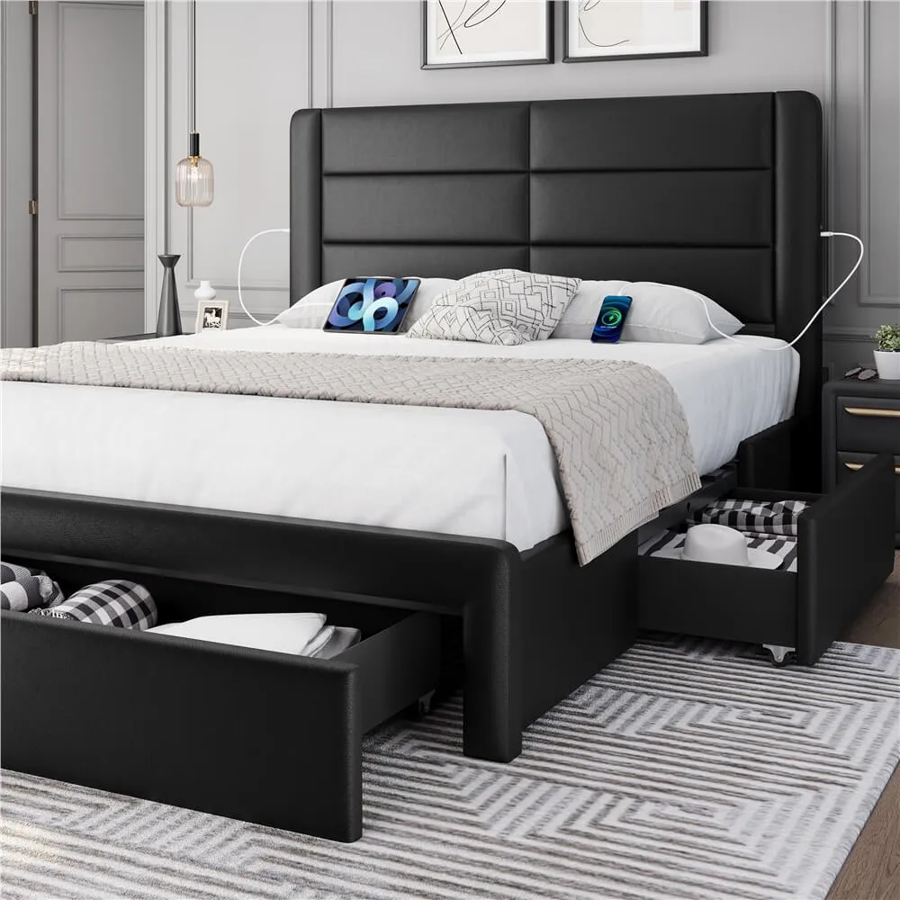 Yaheetech Leather Upholstered Platform Bed with Headboard