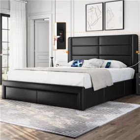 Yaheetech Leather Upholstered Platform Bed with Headboard